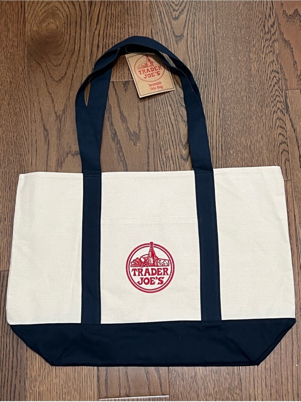 Trader Joe's Cream and Black Canvas Tote Bag